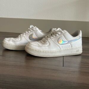 Nike Air Force Ones. Iridescent Nike symbol.